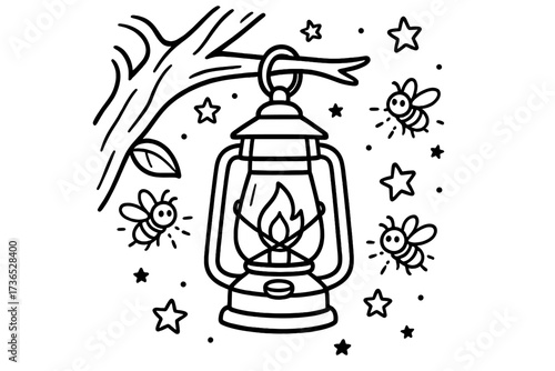 Camping Lantern and Fireflies. Camping coloring page: lantern hanging from tree branch, fireflies glowing nearby, stars in sky,