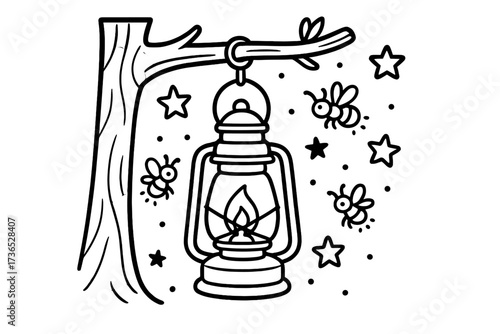 Camping Lantern and Fireflies. Camping coloring page: lantern hanging from tree branch, fireflies glowing nearby, stars in sky,