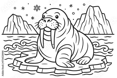 Cartoon Walrus on Ice. Arctic world coloring page: walrus with big tusks sitting on ice, waves around, snowy cliffs behind, black