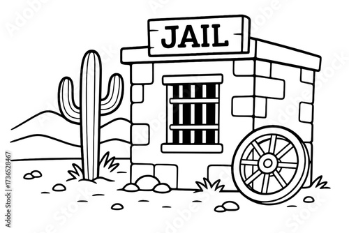 Wild West Jailhouse. Desert & Wild West coloring page: jailhouse with barred window, cactus and wagon wheel nearby, desert hills