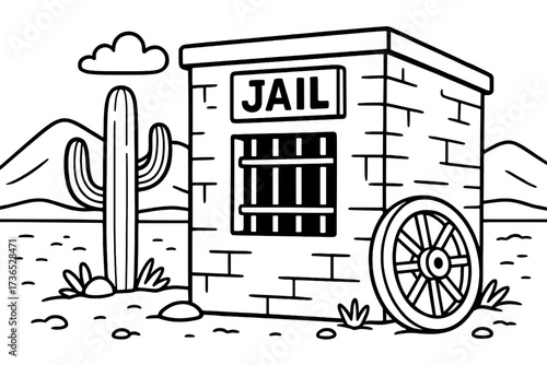 Wild West Jailhouse. Desert & Wild West coloring page: jailhouse with barred window, cactus and wagon wheel nearby, desert hills