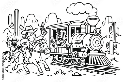 Wild West Train Heist. Desert & Wild West coloring page: train robbery scene with masked bandits, desert rocks and cactus behind,