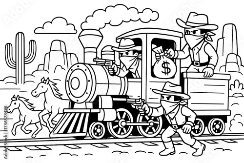 Wild West Train Heist. Desert & Wild West coloring page: train robbery scene with masked bandits, desert rocks and cactus behind,