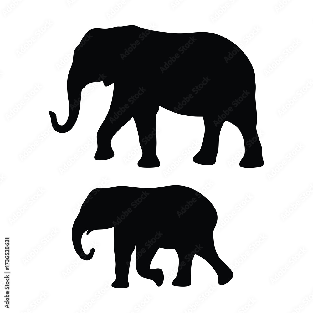 Fototapeta premium Two black silhouette elephants one large adult and one smaller baby walking side by side
