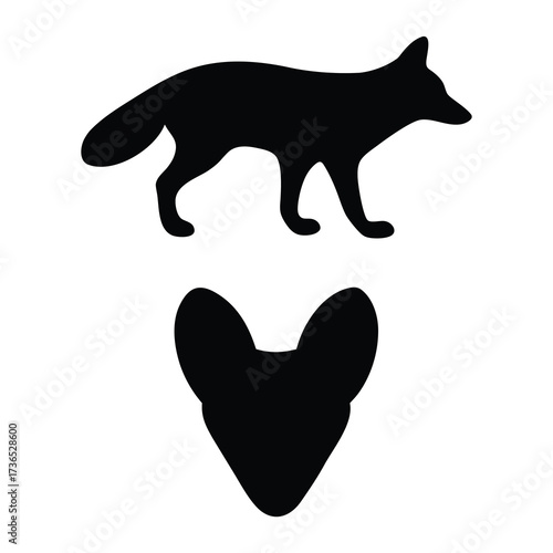 Silhouette of a standing fox and its head viewed from the front on a white background