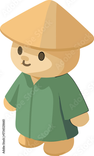 A cute isometric bear character wearing a traditional green robe and a large conical straw hat, designed in a playful cartoon style.
