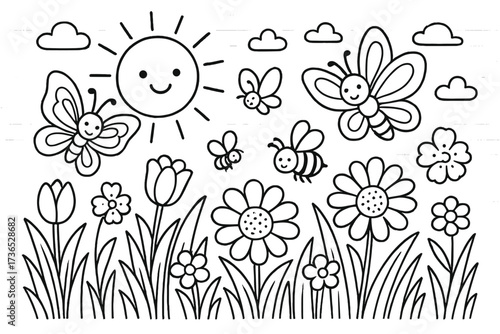 Spring Meadow Coloring. Holidays coloring page: spring meadow with blooming flowers, butterflies and bees, sun shining, black and
