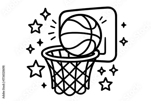 Basketball Slam Dunk. Sports coloring page: basketball bouncing into hoop, stars and sparkles around, black and white vector line