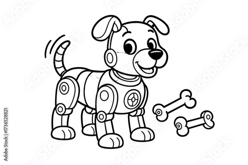 Robot Dog Coloring Page. Robots & Gadgets coloring page: robot dog wagging tail, mechanical bones nearby, black and white vector