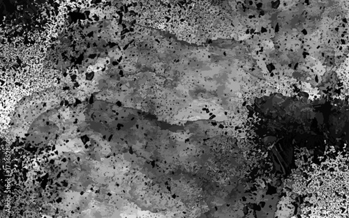 Abstract grunge texture in monochrome shades of black and gray with rough, splattered, and uneven patterns. Ink splashes, dust, or concrete stains with overlays, posters, or digital artwork