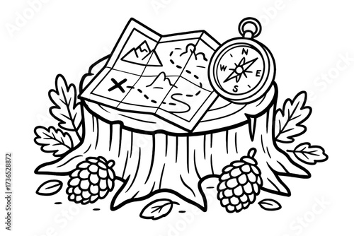 Camping Essentials Illustration. Camping coloring page: map and compass spread on tree stump, pinecones and leaves around, black