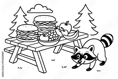 Raccoon Picnic Sneak. Camping coloring page: picnic table full of sandwiches and fruit, raccoon sneaking nearby, black and white