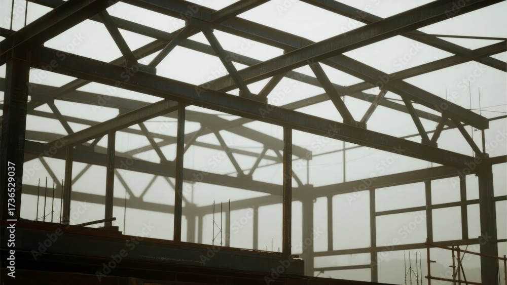 Obraz premium Steel framework of a building under construction with visible trusses and support beams against a hazy sky