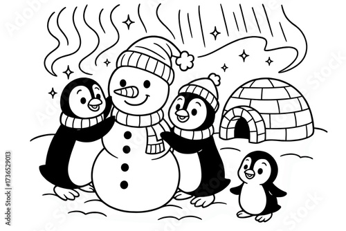 Penguins' Winter Fun. Winter tale coloring page: penguin family decorating snowman, igloo in background, northern lights above,