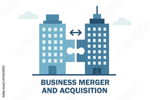 Two office buildings connecting with puzzle pieces representing business merger and acquisition
