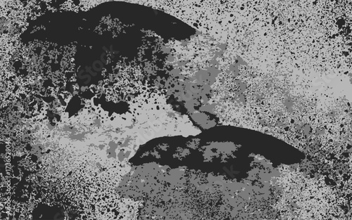 Abstract grunge texture in monochrome shades of black and gray with rough, splattered, and uneven patterns. Ink splashes, dust, or concrete stains with overlays, posters, or digital artwork