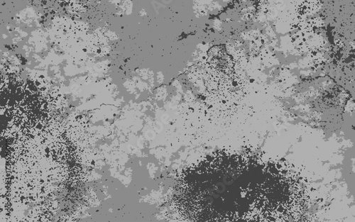 Abstract grunge texture in monochrome shades of black and gray with rough, splattered, and uneven patterns. Ink splashes, dust, or concrete stains with overlays, posters, or digital artwork