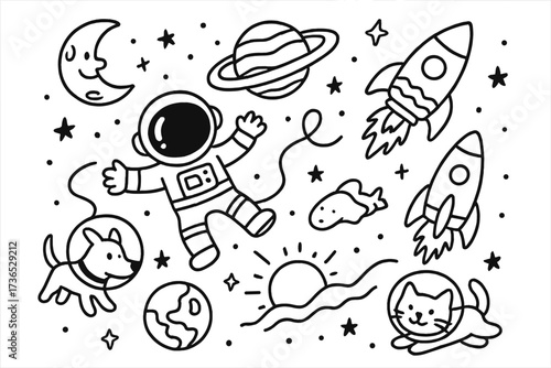 Space Doodle Adventure. Doodle universe journey with rockets, astronauts, and space animals in black and white isolated