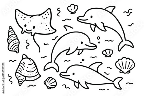 Black & White Sea Doodles. Doodle sea animals with manta rays, dolphins, and shells in black and white isolated transparent