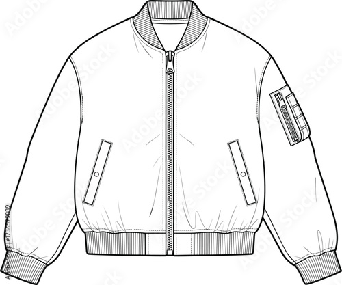 Bomber jacket illustration, front zipper closure, ribbed collar and cuffs, sleeve utility pocket design, fashion garment vector, technical sketch template