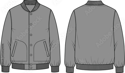 Bomber jacket technical sketch, front and back view, button-up closure, ribbed collar and cuffs, fashion garment vector, apparel design template