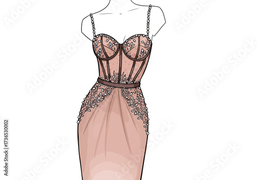 Elegant Pink Dress with Corset Bodice and Delicate Embellishments Fashion Illustration.