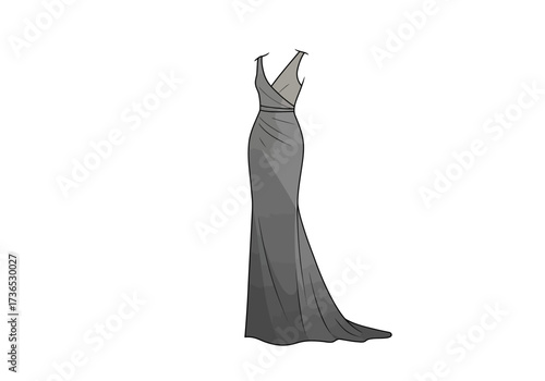 Elegant Gray Evening Gown with V-Neck and Train Illustration.