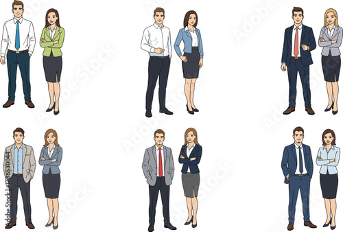 Business couple character illustrations, professional office attire, corporate team vector, formal dress clipart, workplace diversity icons, business partner graphics