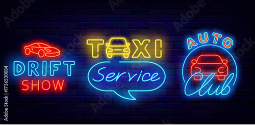Taxi service neon signs collection. Auto club. Racing tournament. Public auto transportation. Vector stock illustration
