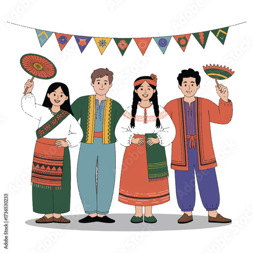Vector art of group of diverse people in traditional clothing celebrating culture cultural festival with folk costumes