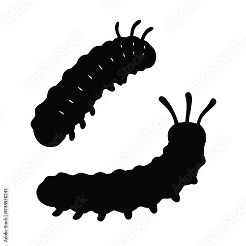 Two black silhouette caterpillars with segmented bodies and antennae on a white background