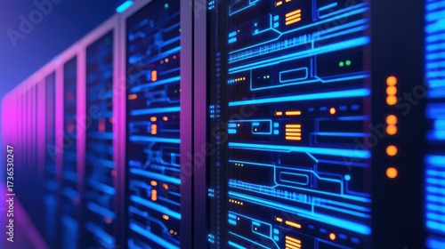 A close-up view of a server rack with illuminated blue lights, showcasing modern data center technology.