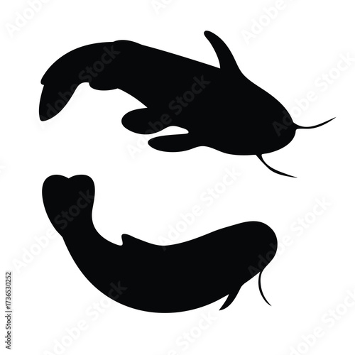 Two silhouetted koi fish swimming in a circular yin yang pattern against a white background
