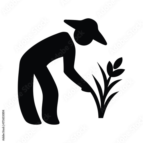 Silhouette of a farmer tending to a growing plant in a field under a hat