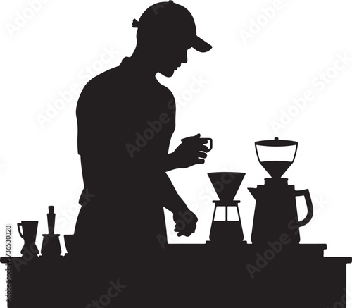 Silhouette of barista preparing coffee with pour over set