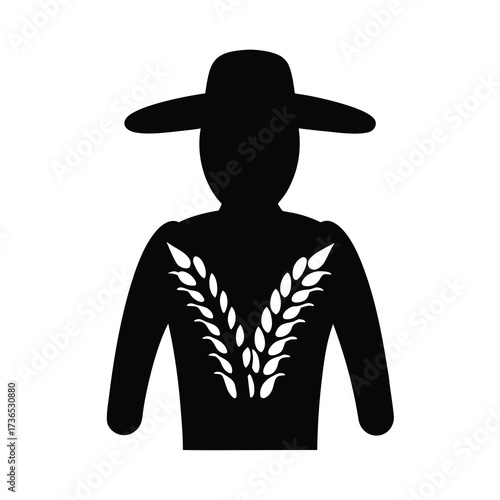 Silhouette of a jockey wearing a wide brimmed hat with a stylized wheat stalk design on their back