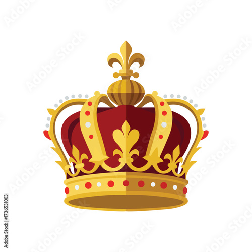 Royal gold and red crown with jewels and lilies details, isolated on white background