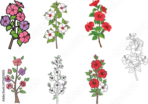 Flowering plant illustration set—pink, red, purple, and white blossoms, green foliage, sketch and stylized styles—vector botanical artwork, seasonal nature design