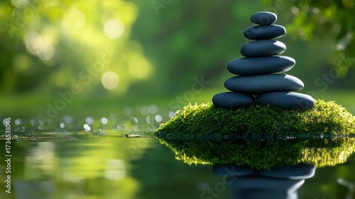 Balanced stack of smooth black spa stones on moss in the middle of calm water with a blurred green background, representing tranquility, harmony, zen meditation, and peaceful balance found in nature.