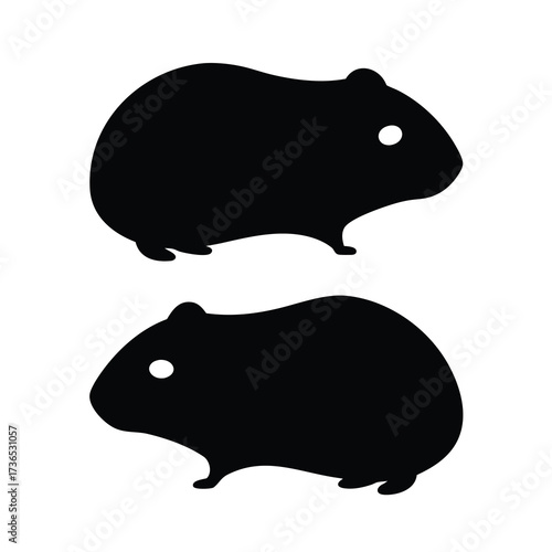 Two black silhouette guinea pigs facing forward with white eyes on a white background