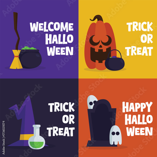Festive Halloween graphic with cartoon style and vibrant backgrounds featuring witch hat, pumpkin, tombstone, and cauldron ideal for posters, social media posts, and seasonal promotions.
