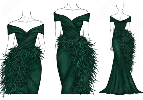 Emerald Green Off-Shoulder Gown with Feather Detail Fashion Illustration.