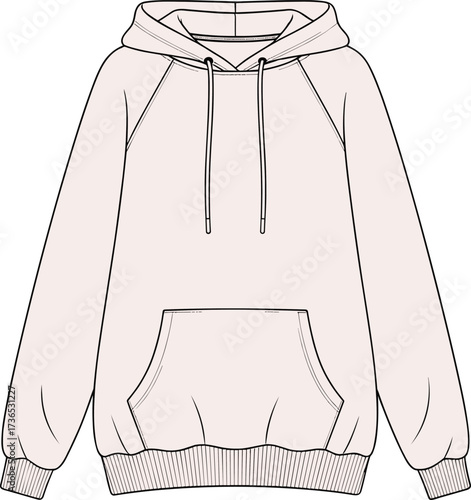 Hoodie illustration, light-colored sweatshirt, front pocket design, drawstring hood, casual fashion vector, minimal garment template, cozy streetwear style