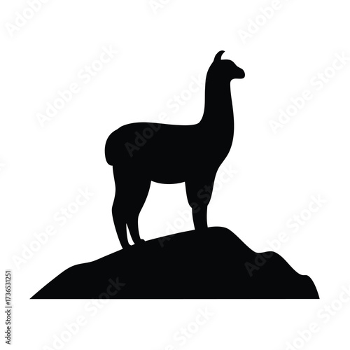 Silhouette of a majestic llama standing proudly atop a rocky outcrop against a white background