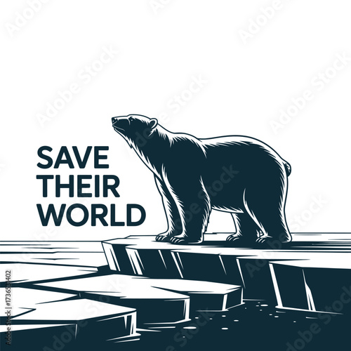 Striking Illustration of a Polar Bear Standing on Ice Floes Urging Viewers to Take Action and Save the Arctic