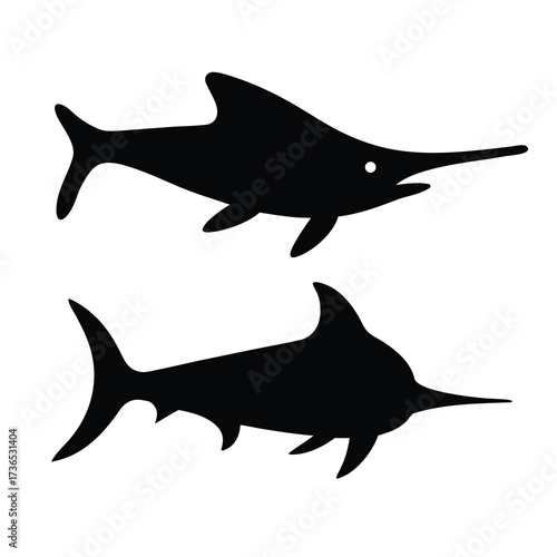 Two silhouette illustrations of swordfish swimming in the ocean