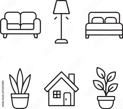 Home and interior linear icon set, furniture, sofa, lamp, bed, houseplants