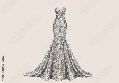 Elegant Silver Sequin Gown with Sweetheart Neckline and Train.