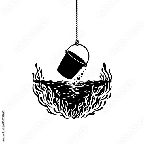 Vector art of bucket pouring water into a stylized body of water with plants