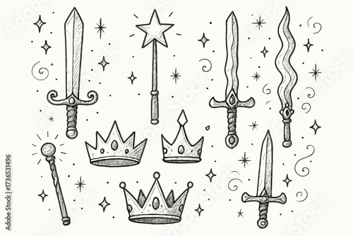 Enchanted Weapons and Crowns. Whimsical fantasy sketch with enchanted swords, magic wands, and crowns in black and white isolated
